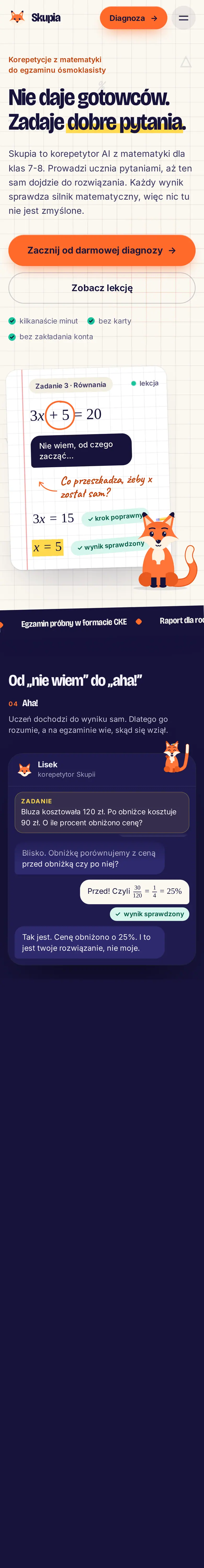 Skupia: cała strona główna w wersji na telefon, od hero po stopkę