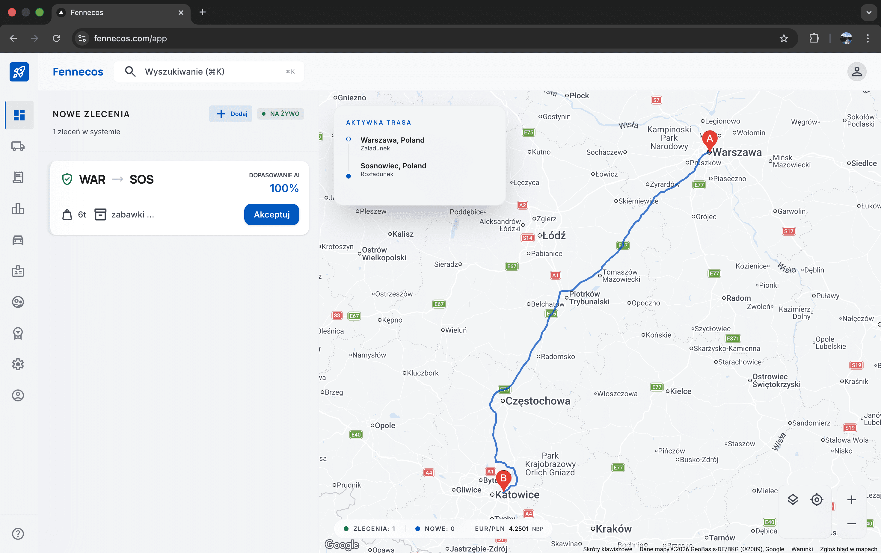 Fennecos: panel z mapą i dopasowaniem AI do zleceń transportowych
