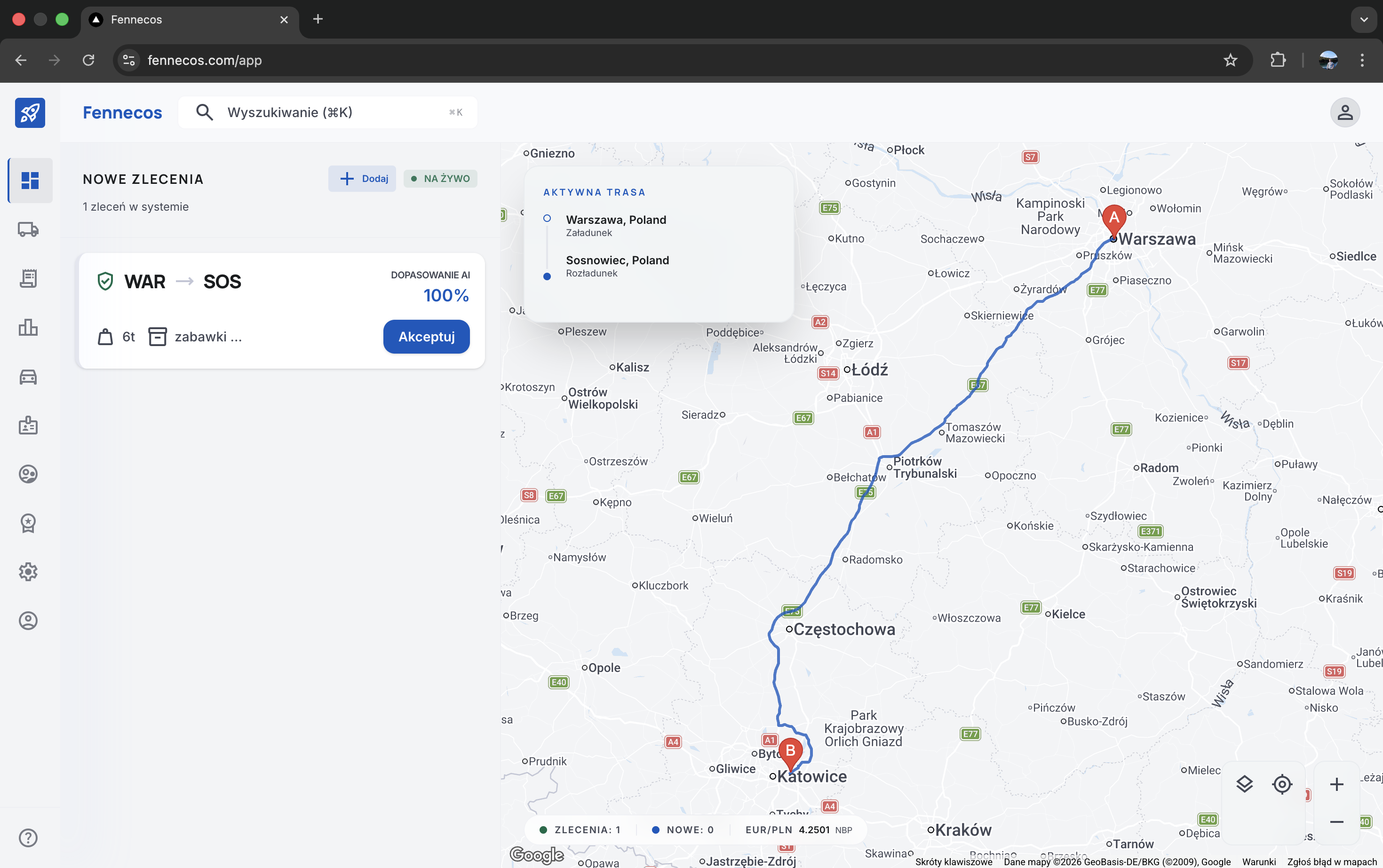 Fennecos – dashboard z mapą i dopasowaniem AI do zleceń transportowych